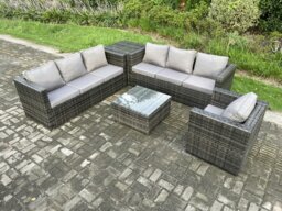 Rackhams Rattan Garden Furniture Sofa Set with Armchair Square Coffee Table Side Table Indoor Outdoor 7 Seater Rattan Set Dark Grey Mixed - thumbnail 2