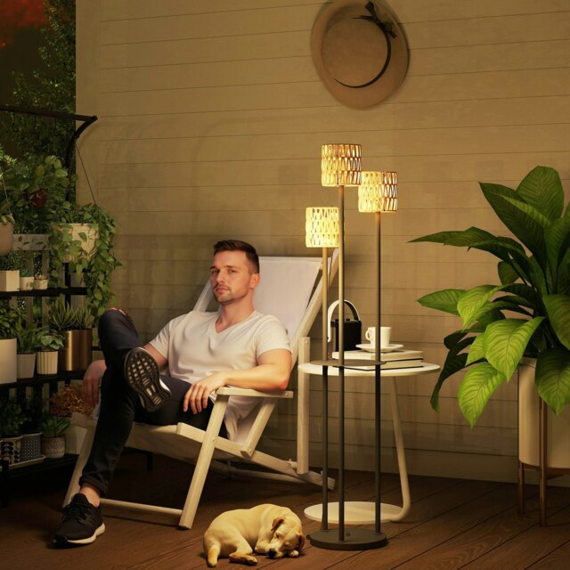 Rackhams 3-Light Solar Rattan Floor Lamp with Shelf, Auto On/Off, Yellow - image 1