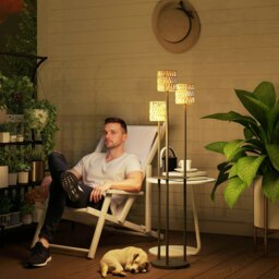 Rackhams 3-Light Solar Rattan Floor Lamp with Shelf, Auto On/Off, Yellow - thumbnail 1