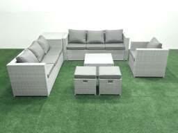 Rackhams Wicker PE Rattan Sofa Garden Furniture Set with Armchair Square Coffee Table 2 Small Footstools Side Table Light Grey Mixed - thumbnail 2