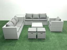 Rackhams Wicker PE Rattan Sofa Garden Furniture Set with Armchair Square Coffee Table 2 Small Footstools Side Table Light Grey Mixed - thumbnail 1