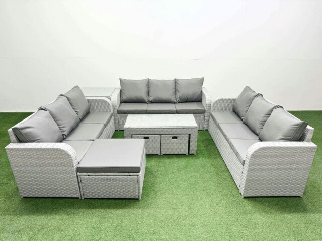 Rackhams PE Rattan Lounge Sofa Set 12 Seater Outdoor Garden Furniture Set with Oblong Coffee Table 3 Seater Sofa 3 Stools Side Table Light Grey - image 1