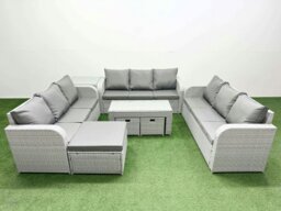 Rackhams PE Rattan Lounge Sofa Set 12 Seater Outdoor Garden Furniture Set with Oblong Coffee Table 3 Seater Sofa 3 Stools Side Table Light Grey - thumbnail 1