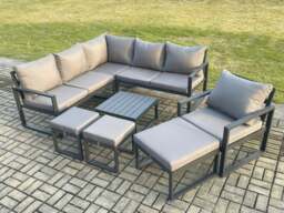 Rackhams Outdoor Garden Furniture Set Aluminium Lounge Sofa Square Coffee Table Sets with Chair 3 Footstools Indoor Conservatory Set Dark Grey - thumbnail 1