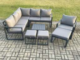 Rackhams Outdoor Garden Furniture Set Aluminium Lounge Sofa Square Coffee Table Sets with Chair 3 Footstools Indoor Conservatory Set Dark Grey - thumbnail 2