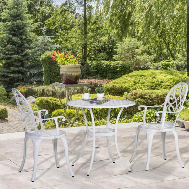 Rackhams 3PCs Garden Bistro Set Cast Aluminium Round Table with 2 Chairs White - White - image 1