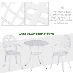 Rackhams 3PCs Garden Bistro Set Cast Aluminium Round Table with 2 Chairs White - White - thumbnail 5