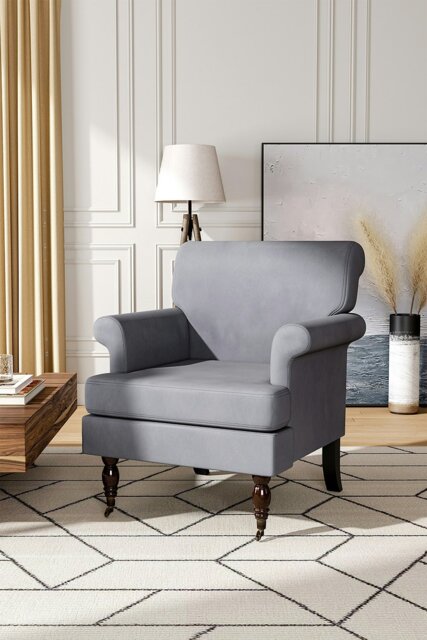 Rackhams Grey Soft Velvet Armchair with Gourd Shaped Castor Legs - Grey - image 1