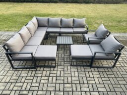 Rackhams Aluminium Outdoor Garden Furniture Set Lounge Corner Sofa 2 Pcs Chair Square Coffee Table Sets with 2 Big Footstools Dark Grey - thumbnail 2