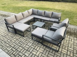Rackhams Aluminium Outdoor Garden Furniture Set Lounge Corner Sofa 2 Pcs Chair Square Coffee Table Sets with 2 Big Footstools Dark Grey - thumbnail 1