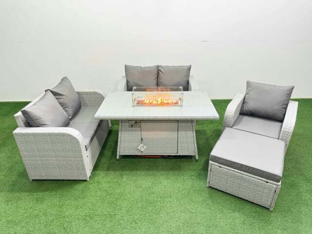 Rackhams High Back Rattan Garden Furniture Set with Reclining Chair Loveseat Sofa Fire Pit Dining Table Indoor Outdoor Patio Set Big Stool Light Grey - image 1