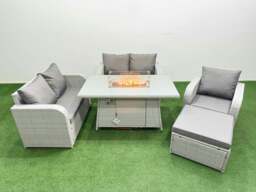 Rackhams High Back Rattan Garden Furniture Set with Reclining Chair Loveseat Sofa Fire Pit Dining Table Indoor Outdoor Patio Set Big Stool Light Grey - thumbnail 1