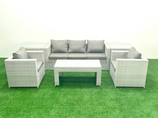Rackhams Rattan Garden Furniture Set 6 Pieces Outdoor Garden Sofa Oblong Coffee Table Set with 2 Chairs 2 Side Tabes Light Grey Mixed - image 1
