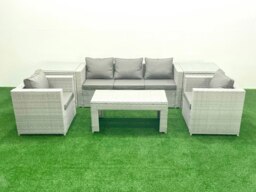 Rackhams Rattan Garden Furniture Set 6 Pieces Outdoor Garden Sofa Oblong Coffee Table Set with 2 Chairs 2 Side Tabes Light Grey Mixed - thumbnail 2