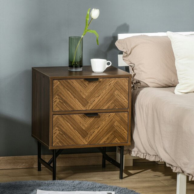 Rackhams Two-Drawer Herringbone Bedside Table Home Cabinet Bedroom Storage Brown - image 1