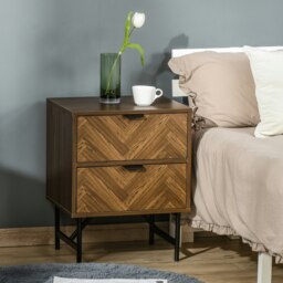 Rackhams Two-Drawer Herringbone Bedside Table Home Cabinet Bedroom Storage Brown