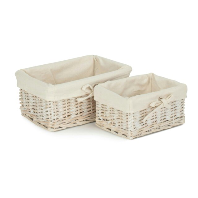 Rackhams Set of 2 White Wash Finish Cotton Lined Willow Basket