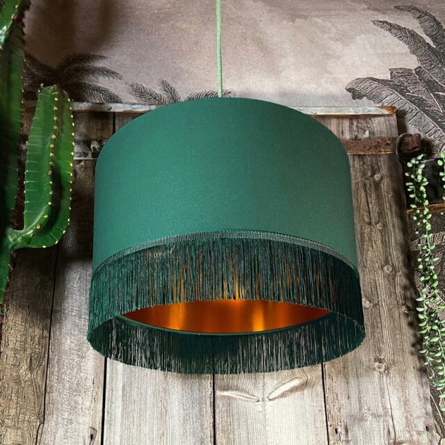 "Rackhams Hunter Green Lampshade with Copper Foil & Green Fringing - Ceiling Pendant / Arc Lamp - 45cm Diameter x 25cm Height / (18"" x 10"")" - image 1