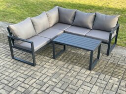 Rackhams Aluminium Outdoor Garden Furniture Set Lounge Sofa Oblong Coffee Table Sets Indoor Conservatory Set Dark Grey - thumbnail 2