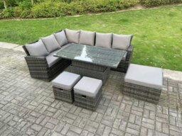 Rackhams 9 Seater High Back?Outdoor Rattan Adjustable Rising Lifting Dining Table Corner Sofa Set Garden Furniture Footstools Dark Grey Mixed Left Hand - thumbnail 1