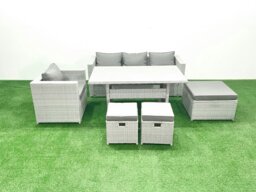 Rackhams Garden Dining Set Outdoor Rattan Furniture Set with Sofa Dining Table 3 Footstools Light Grey Mixed - thumbnail 2