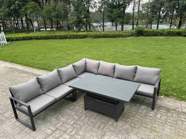 Rackhams 6 Piece L-shaped Garden Furniture Set 7-Seater Aluminium Outdoor Dining Set with Adjustable Rising Lifting Dining Table Dark Grey - image 1