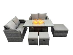 Rackhams 7 seater Patio Gas Firpit Dining Table Sofa Sets Rattan Garden Furniture Dining Set with 3 Stools Dark Grey Mixed - thumbnail 1