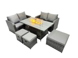 Rackhams 7 seater Patio Gas Firpit Dining Table Sofa Sets Rattan Garden Furniture Dining Set with 3 Stools Dark Grey Mixed - thumbnail 2