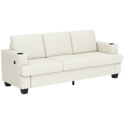 Rackhams 3 Seater Sofa, Fabric Sofa with USB Ports and Cup Holders, Cream - Grey - Both sides - 1 - thumbnail 1