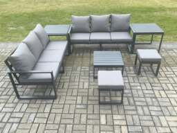 Rackhams Aluminium 7 Pieces Garden Furniture Sofa Set with Cushions 8 Seater with Square Coffee Table 2 Small Footstools 2 Side Tables Dark Grey - thumbnail 2
