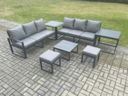 Rackhams Aluminium 7 Pieces Garden Furniture Sofa Set with Cushions 8 Seater with Square Coffee Table 2 Small Footstools 2 Side Tables Dark Grey - thumbnail 1