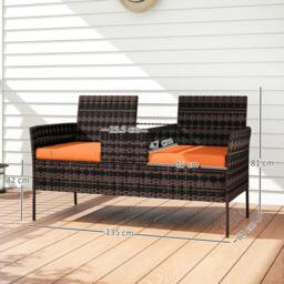 Rackhams Rattan Garden Bench w/ Glass Tea Table, Wicker Chair w/ Cushions - Brown, Orange - 1 - 2 Seat Chair with Table - thumbnail 3