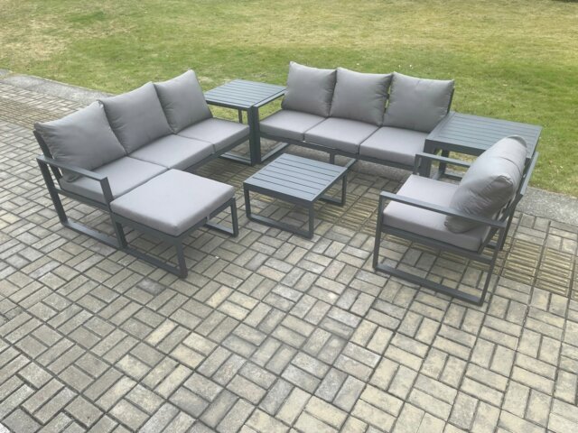 Rackhams Aluminium 8 Seater Outdoor Garden Furniture Lounge Sofa Set with Square Coffee Table Chair Big Footstool 2 Side Tables Dark Grey - image 1