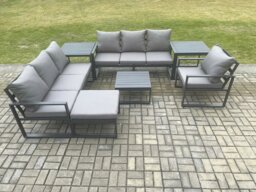 Rackhams Aluminium 8 Seater Outdoor Garden Furniture Lounge Sofa Set with Square Coffee Table Chair Big Footstool 2 Side Tables Dark Grey - thumbnail 2