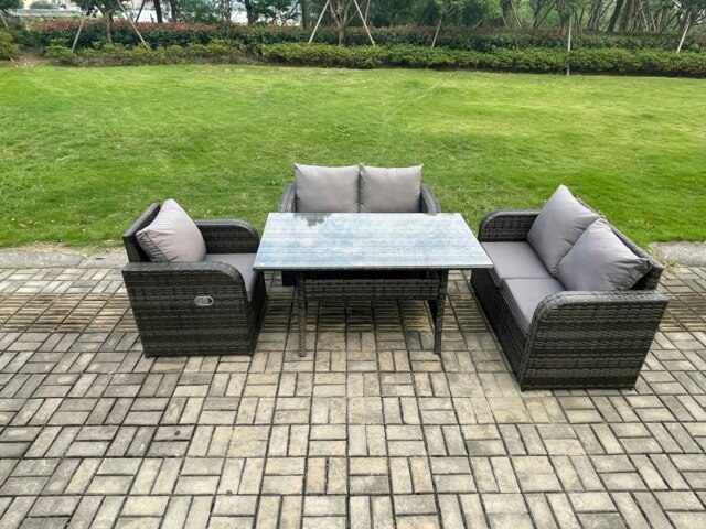 Rackhams 5 Seater Lounge Rattan Sofa Set Outdoor Garden Furniture Oblong Rectangular Dining Table With Chairs Dark Grey Mixed - image 1