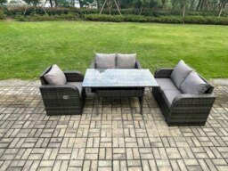 Rackhams 5 Seater Lounge Rattan Sofa Set Outdoor Garden Furniture Oblong Rectangular Dining Table With Chairs Dark Grey Mixed - thumbnail 1