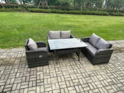 Rackhams 5 Seater Lounge Rattan Sofa Set Outdoor Garden Furniture Oblong Rectangular Dining Table With Chairs Dark Grey Mixed - thumbnail 2