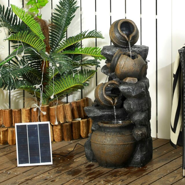 Rackhams Solar Water Feature with LED Lights and Pump 4 Tier Water Fountain - Grey - Resin - 37L x 36W x 72Hcm - image 1