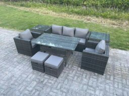 Rackhams Outdoor Garden Furniture Set Patio Rattan Rectangular Dining Table Lounge Sofa Chair with 2 Side Table 2 Small Stools Dark Grey Mixed - thumbnail 2