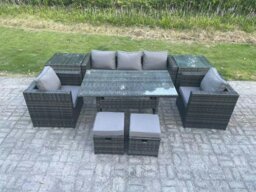 Rackhams Outdoor Garden Furniture Set Patio Rattan Rectangular Dining Table Lounge Sofa Chair with 2 Side Table 2 Small Stools Dark Grey Mixed - thumbnail 1