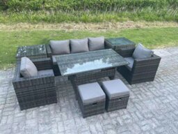 Rackhams Outdoor Garden Furniture Set Patio Rattan Rectangular Dining Table Lounge Sofa Chair with 2 Side Table 2 Small Stools Dark Grey Mixed - thumbnail 3