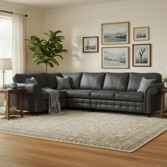 Rackhams Oakland Long 5 Seater Leather Corner Sofa Chesterfield Style - Charcoal - Left Hand Facing - image 1