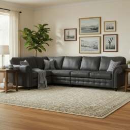 Rackhams Oakland Long 5 Seater Leather Corner Sofa Chesterfield Style - Charcoal - Left Hand Facing - thumbnail 1