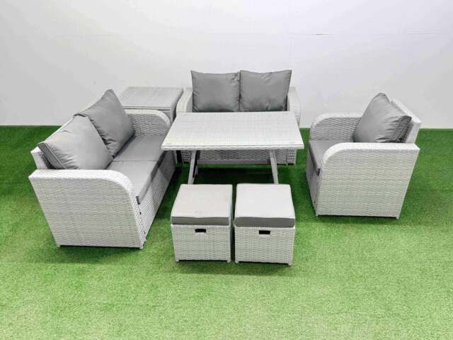 Rackhams 7 Seater Outdoor Rattan Garden Furniture Set Love Sofa Reclining Chair with Rectangular Dining Table Side Table 2 Small Footstools Light Grey - image 1