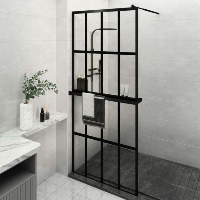 Rackhams Walk-in Shower Wall with Shelf Black 90x195 cm ESG Glass&Aluminium