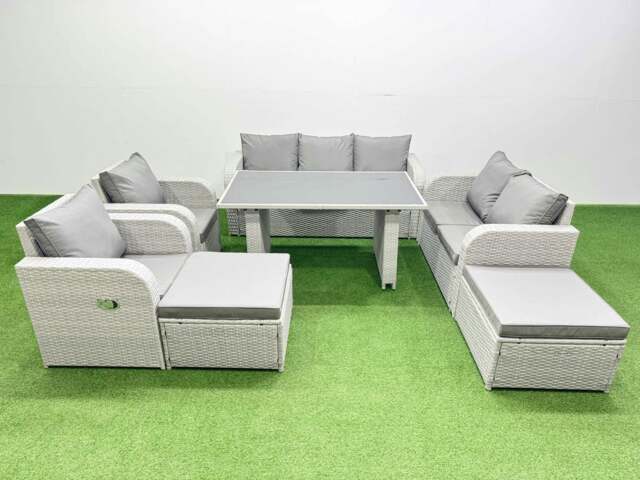 Rackhams 9 Seater Garden Furniture Set PE Rattan Garden Sofa Set with Rectangular Dining Table 2 Big Stool Light Grey - image 1