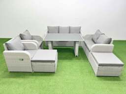 Rackhams 9 Seater Garden Furniture Set PE Rattan Garden Sofa Set with Rectangular Dining Table 2 Big Stool Light Grey - thumbnail 1