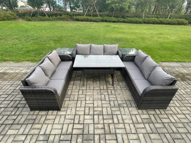 Rackhams Rattan Garden Furniture Set with Oblong Rectangular Dining Table 2 Side Tables 9 Seater Outdoor Lounge Sofa Set Dark Grey Mixed - image 1