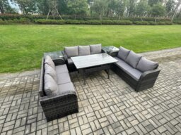 Rackhams Rattan Garden Furniture Set with Oblong Rectangular Dining Table 2 Side Tables 9 Seater Outdoor Lounge Sofa Set Dark Grey Mixed - thumbnail 2