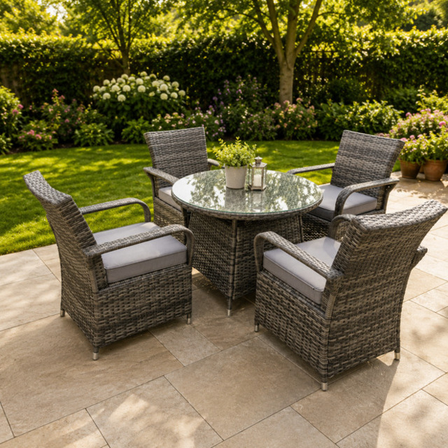 Rackhams Rattan Garden Furniture Dining Set Table And Chairs Wicker Patio Outdoor 4 chairs plus medium round table - image 1